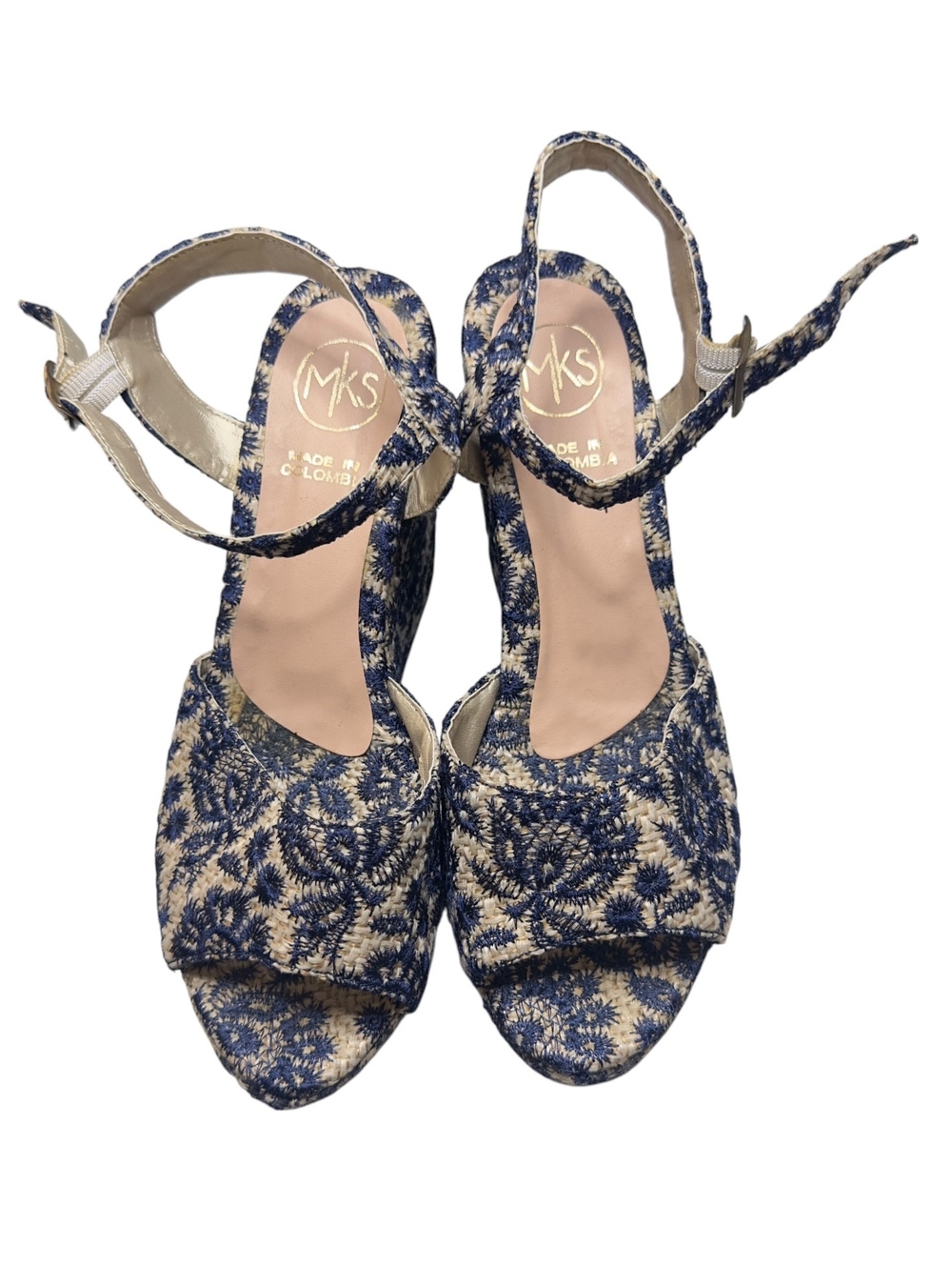 MKS Blue and Cream Woven Floral Platform Wedge Sandals Size 38